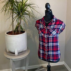 Plaid Cap Sleeve Button-Up Top